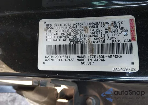 2003 Toyota Corolla Ce from USA, damaged, VIN JTDBR32E730024535